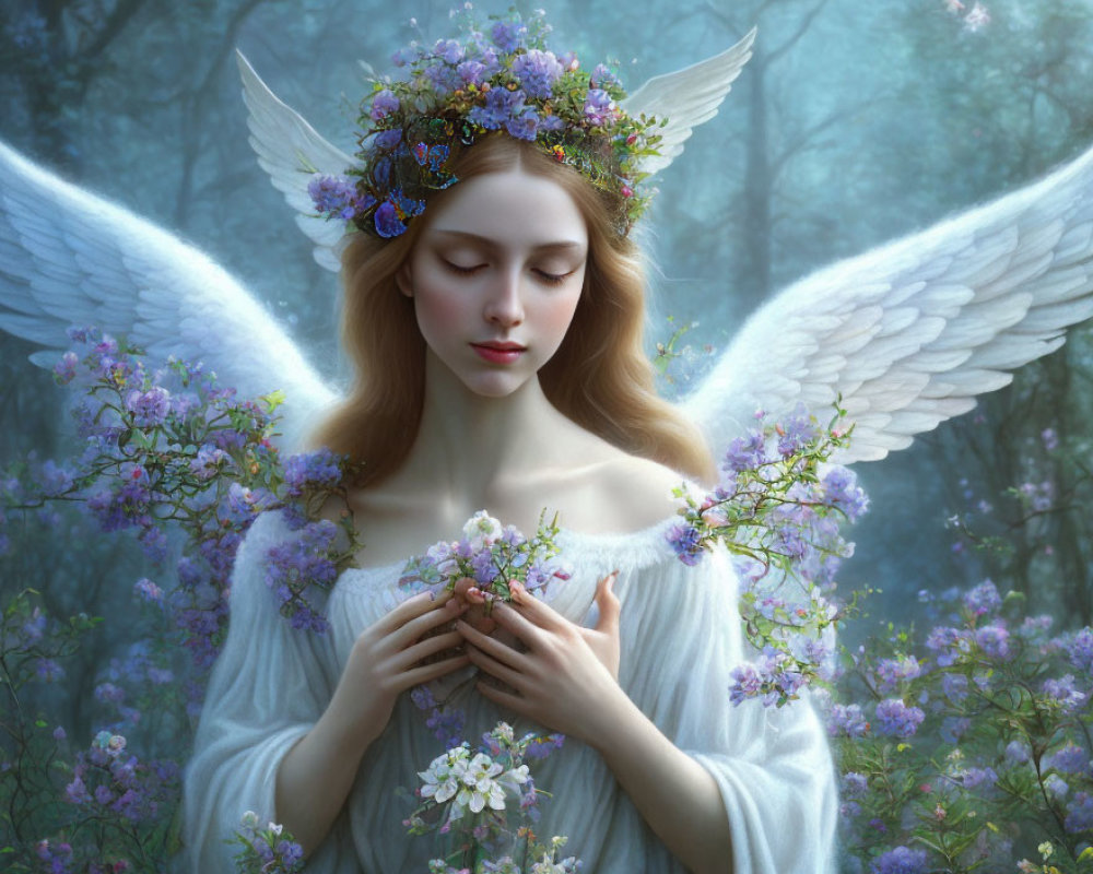 Woman with angel wings and floral crown in serene forest scene