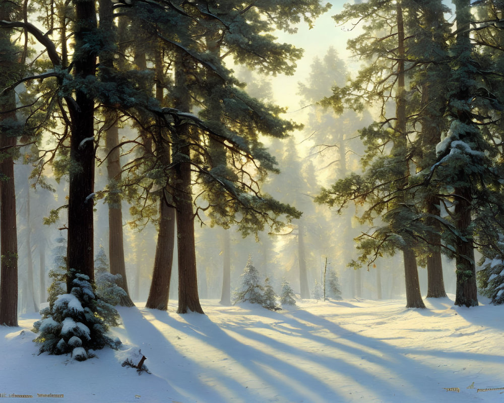 Winter Forest Scene: Snow-Covered Pines and Sunlight