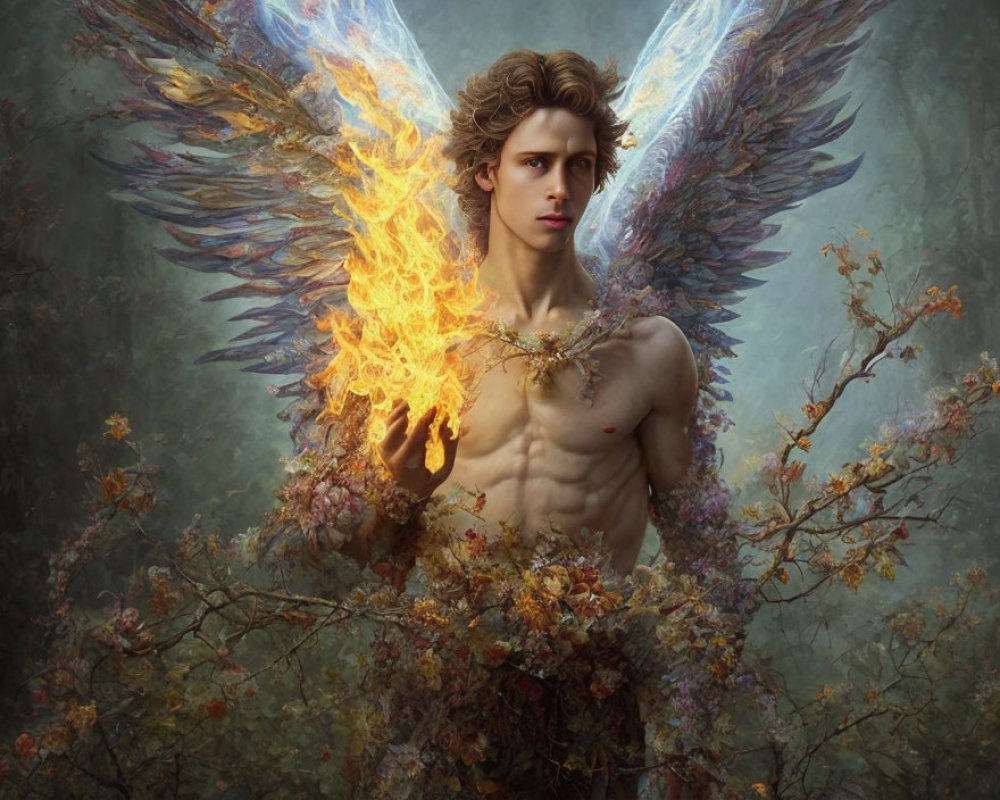 Serene angelic figure holding a blazing flame among ethereal flowers