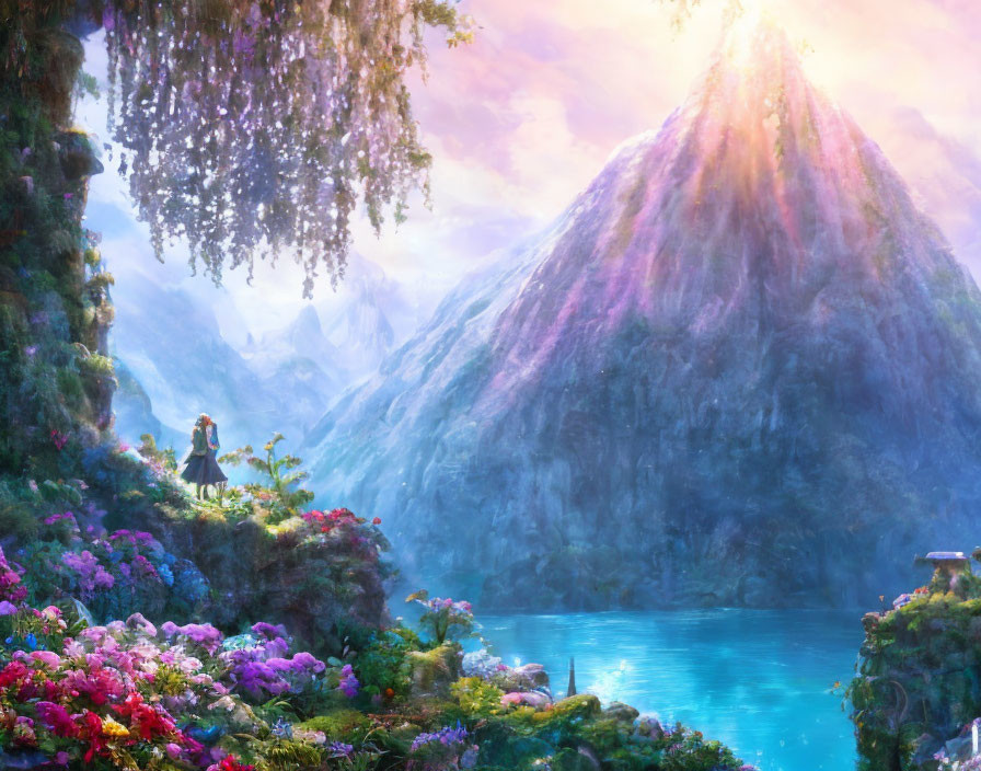 Colorful fantasy landscape with luminous mountain, crystal-clear lake, lush flora.