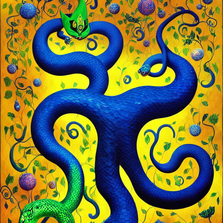 Colorful Serpent Illustration on Golden Background with Intricate Patterns and Fruits
