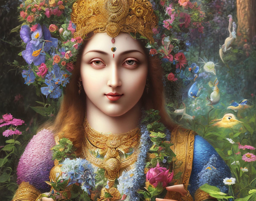 Traditional ornate attire woman in vibrant floral landscape