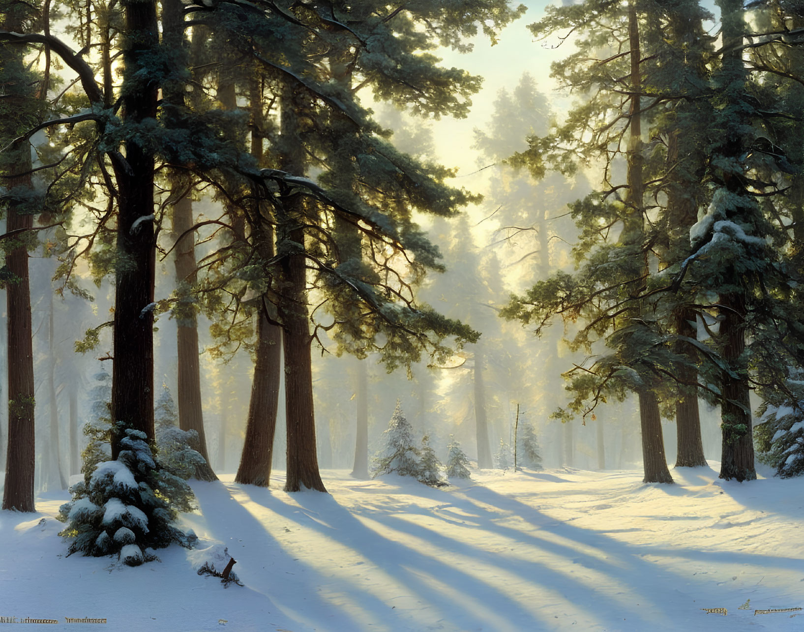 Winter Forest Scene: Snow-Covered Pines and Sunlight