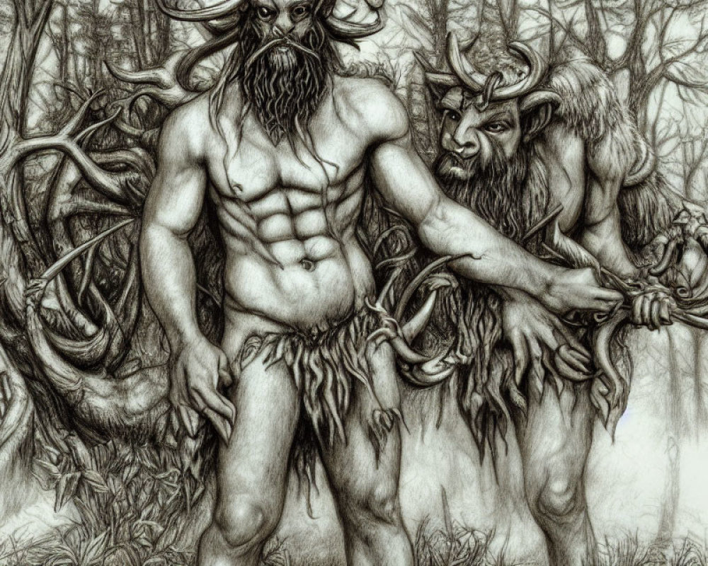 Realistic pencil drawing of two centaur-like creatures in forest scene