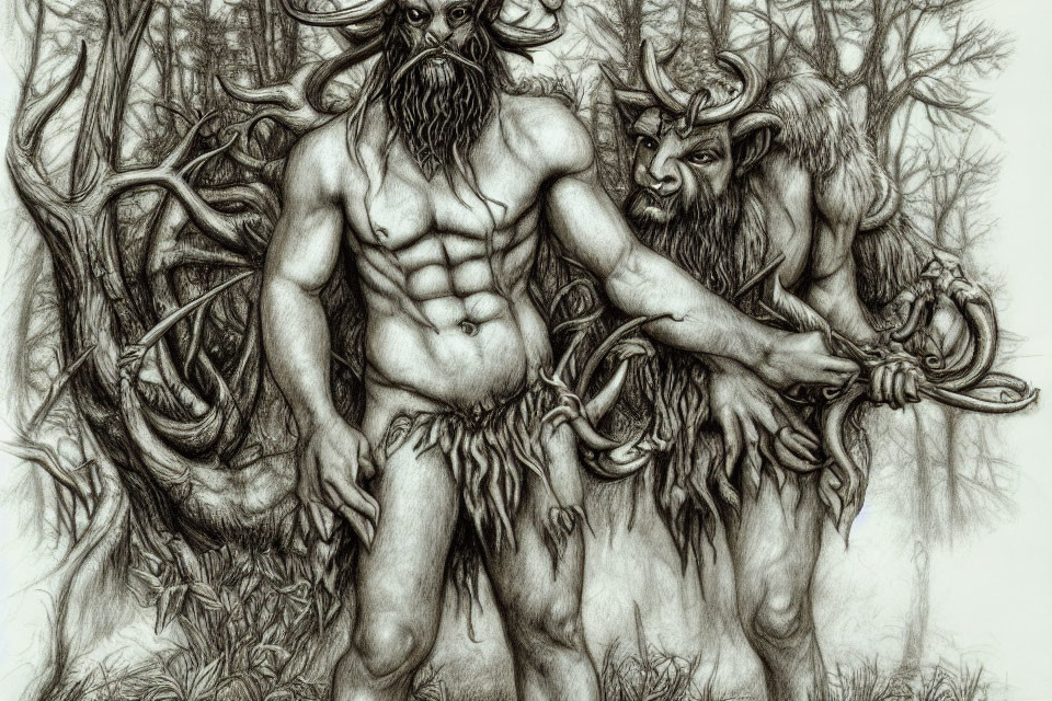 Realistic pencil drawing of two centaur-like creatures in forest scene
