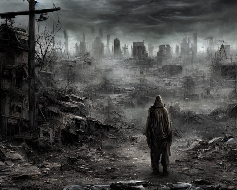 Cloaked figure in post-apocalyptic cityscape with ruins