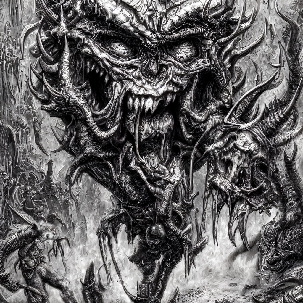 Detailed monochrome fantasy illustration of menacing dragon-like creature in chaotic scene with other monsters