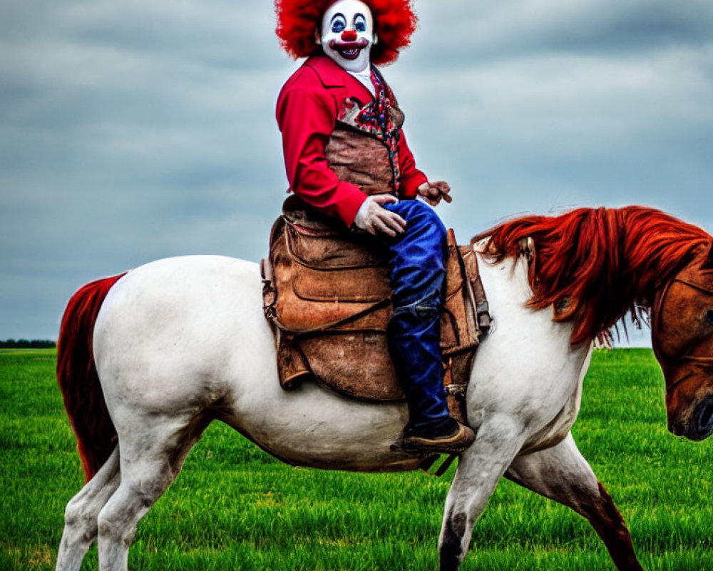 Clown in red wig and white face paint rides horse in field