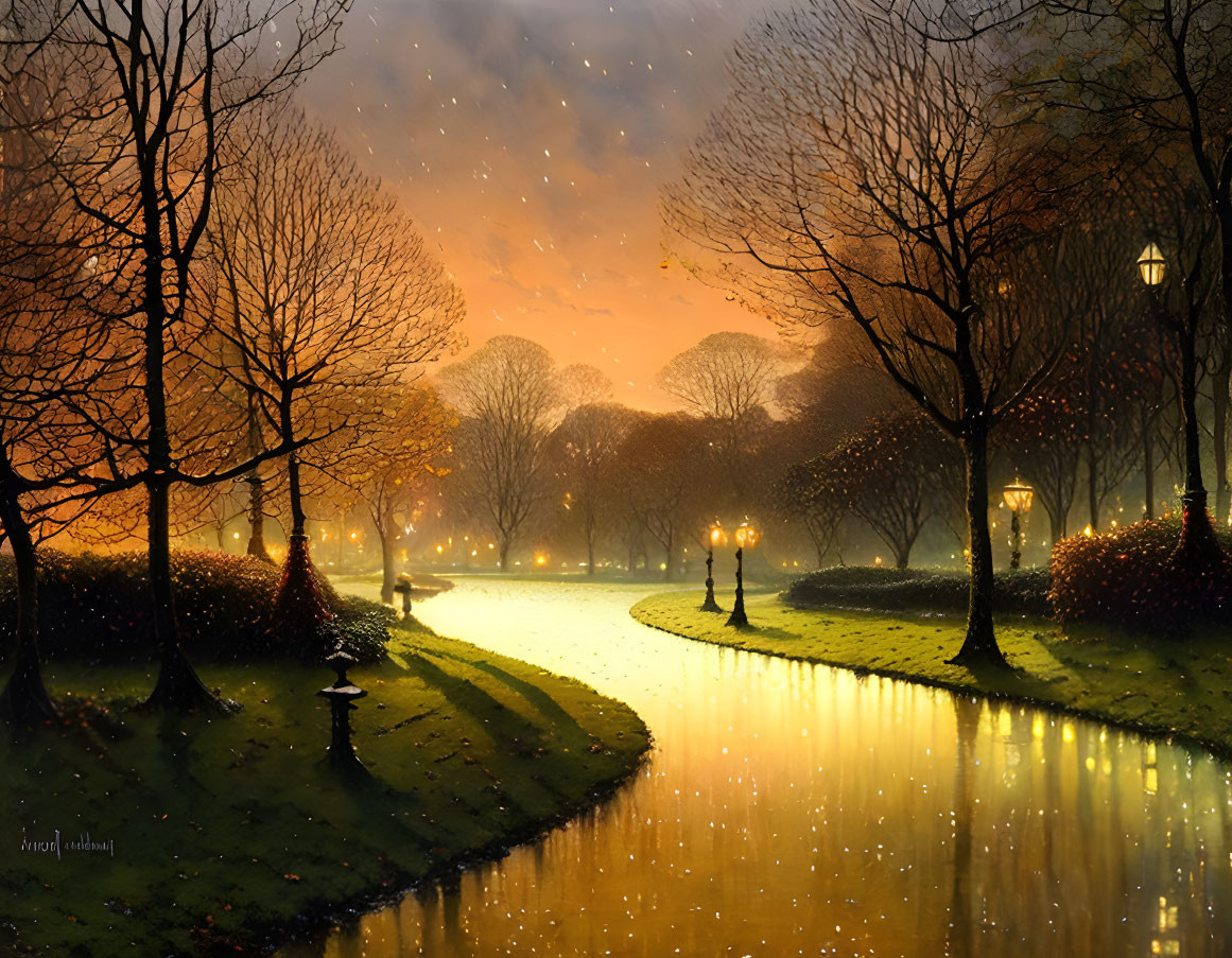Tranquil riverbank with lamp-lit pathway and glowing sky