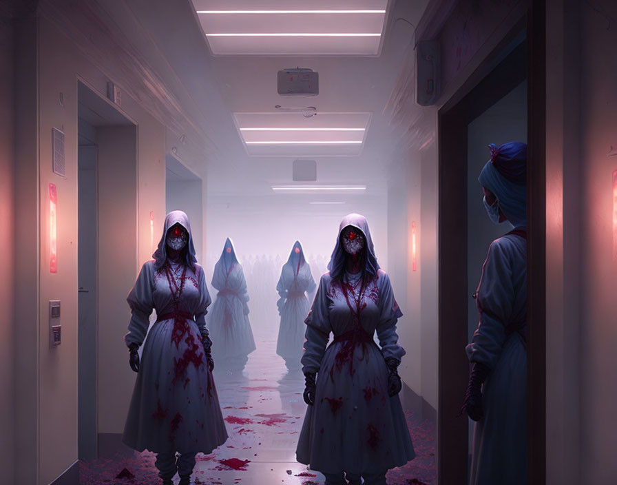 Hooded Figures in White Robes Splattered with Blood in Dimly Lit Corridor