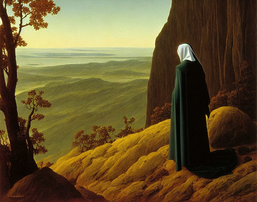 Robed Figure Standing at Cliff's Edge Overlooking Vast Landscape
