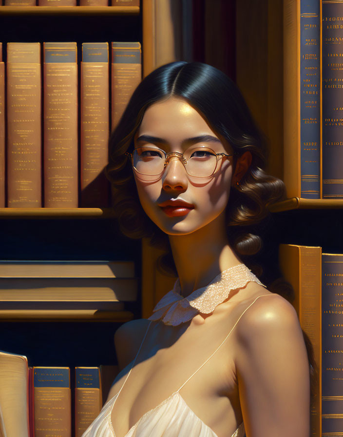 Woman with glasses and wavy hair in front of bookshelf with leather-bound books