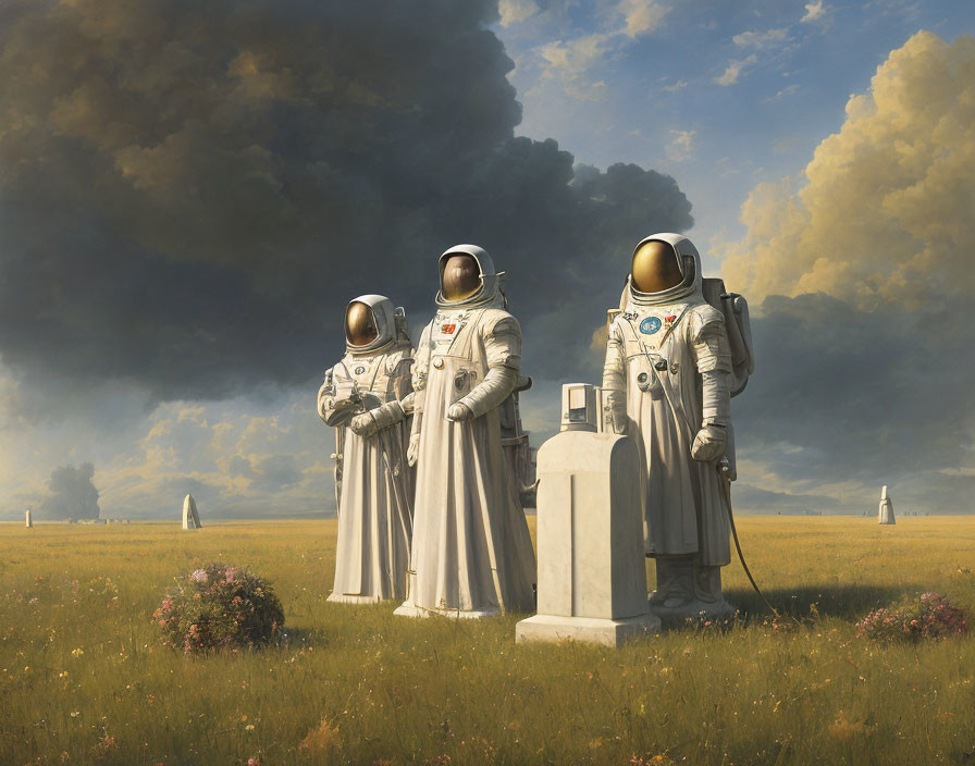 Three astronauts in spacesuits by a pedestal under dramatic sky