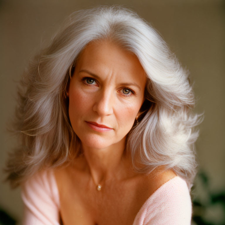 Elderly woman portrait with long gray hair and serious expression