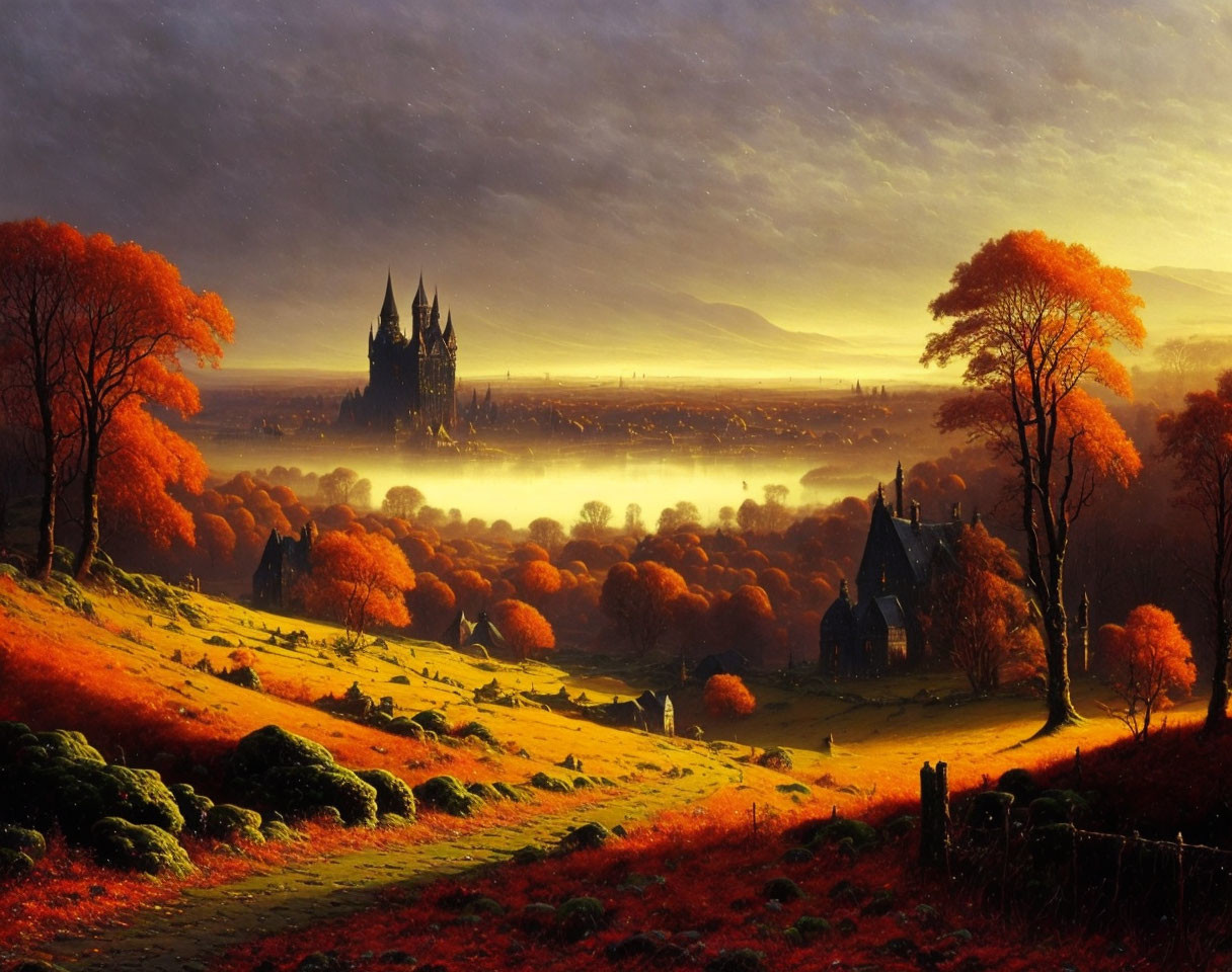 Fantasy sunset landscape with castle, autumn trees, and mist