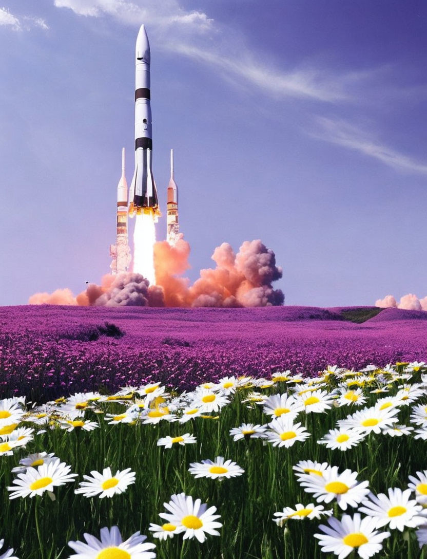 Rocket launching in vibrant lavender field with white daisies under blue sky