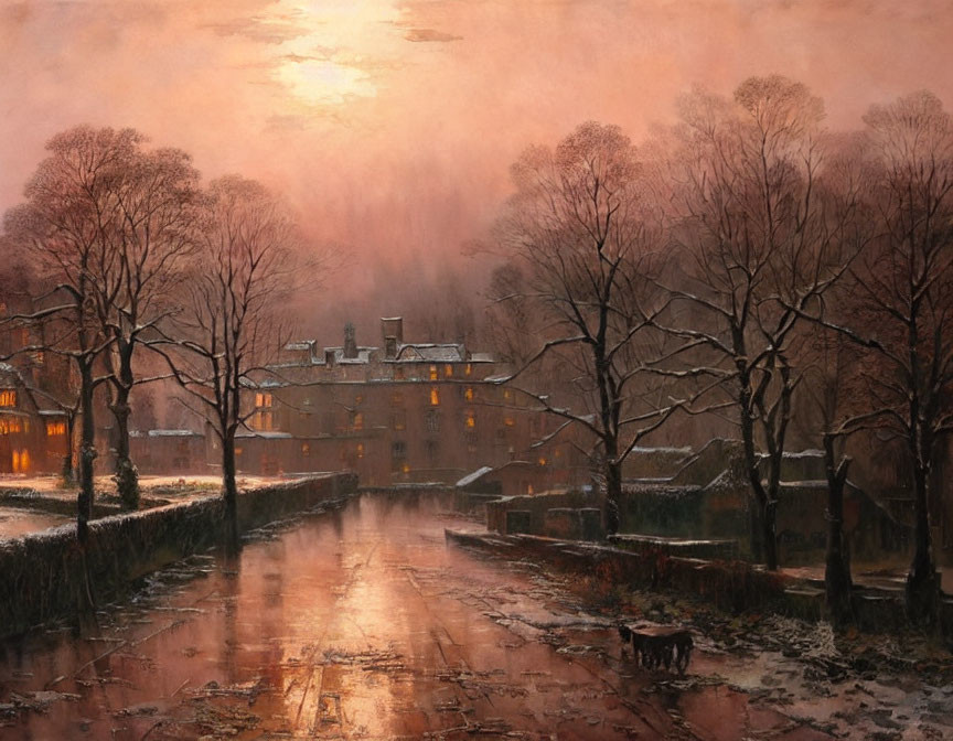 Snow-dusted trees in winter evening scene with reflective street and cozy building under pink sky