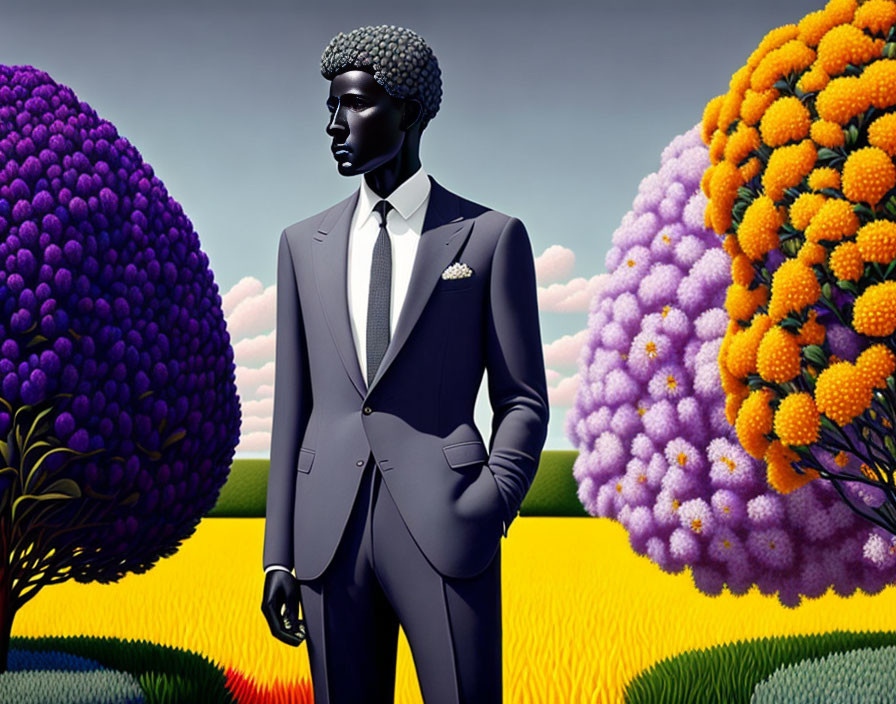 Surreal artwork of man in suit with vibrant topiaries under blue sky