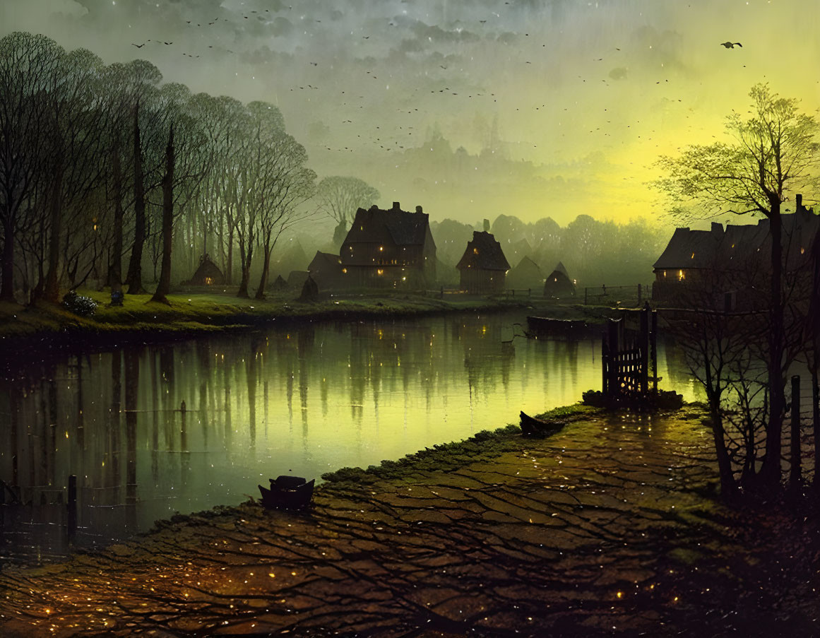 Tranquil village at twilight by calm lake with cozy cottages and flying birds