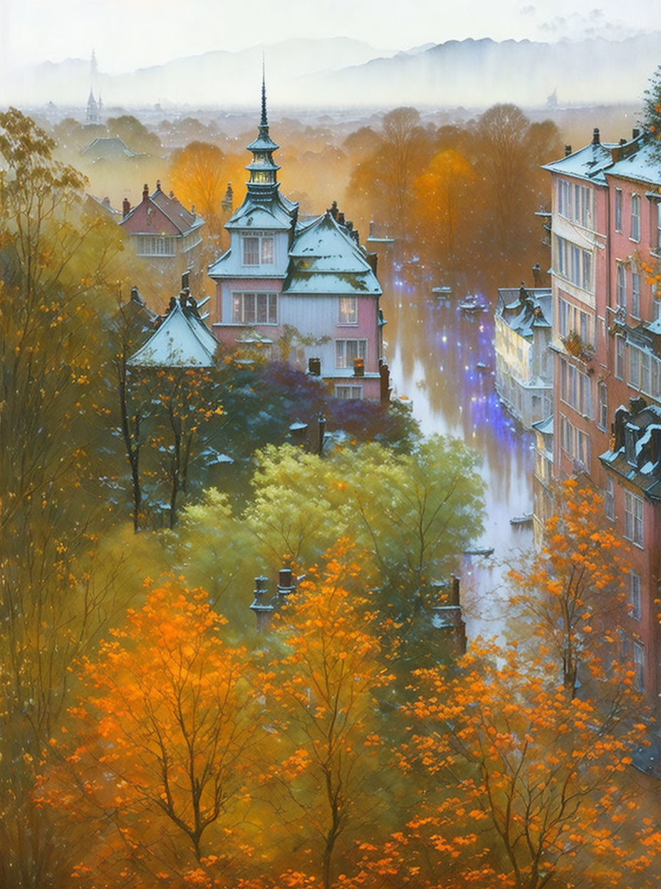 Autumn scene with vibrant foliage along misty waterway and European-style buildings