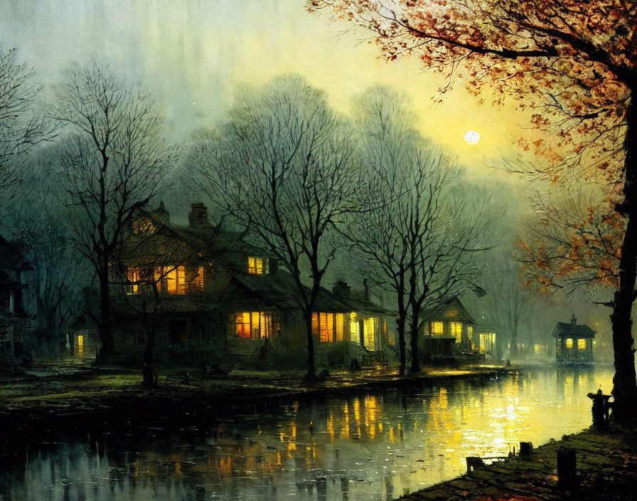 Tranquil evening scene: warm-lit cottages, water canal, bare trees, moonlit