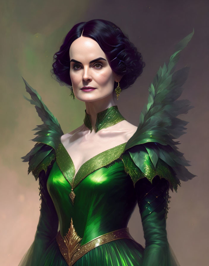 Dark-haired woman in green dress with feather details and regal look.