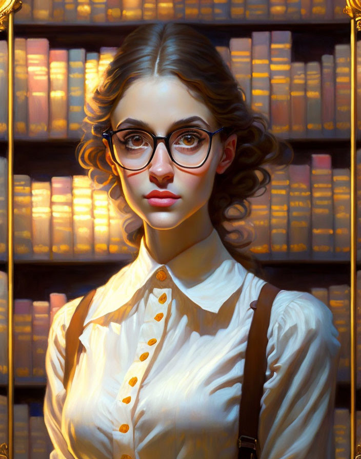 Woman in glasses at bookshelf in white blouse with suspenders