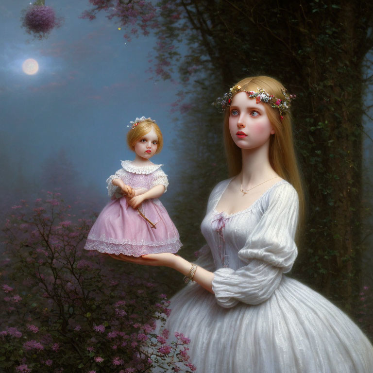 Woman in white dress with floral crown holding doll in misty woodland with purple flowers
