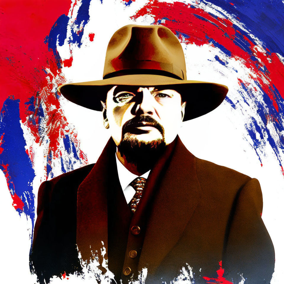 Stylized portrait of a bearded man in hat and coat on paint-splattered background