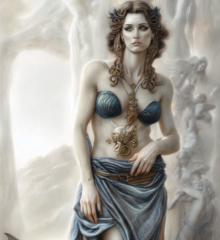 Detailed Fantasy Illustration: Female Figure in Ornate Jewelry and Draped Skirt in Ethereal Setting