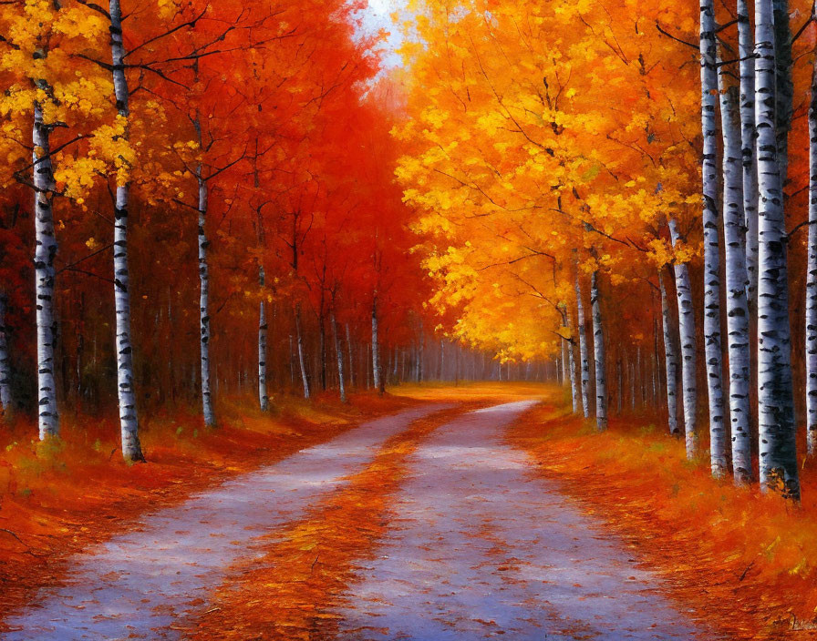 Scenic forest path with vibrant autumn foliage and white birch trunks