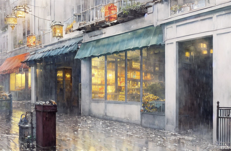 Rainy Street Scene with Wet Pavement and Cozy Shop Windows