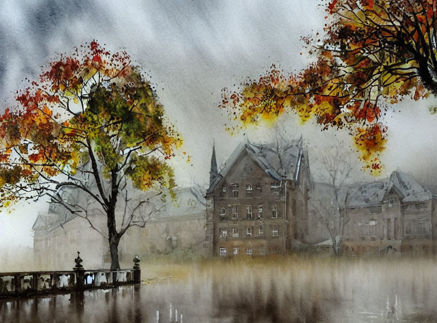 Vibrant autumnal watercolor painting with misty lake and classic building