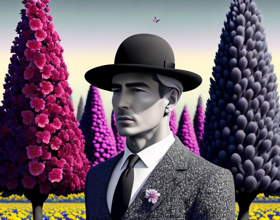 Stylish man in bowler hat and suit in surreal landscape