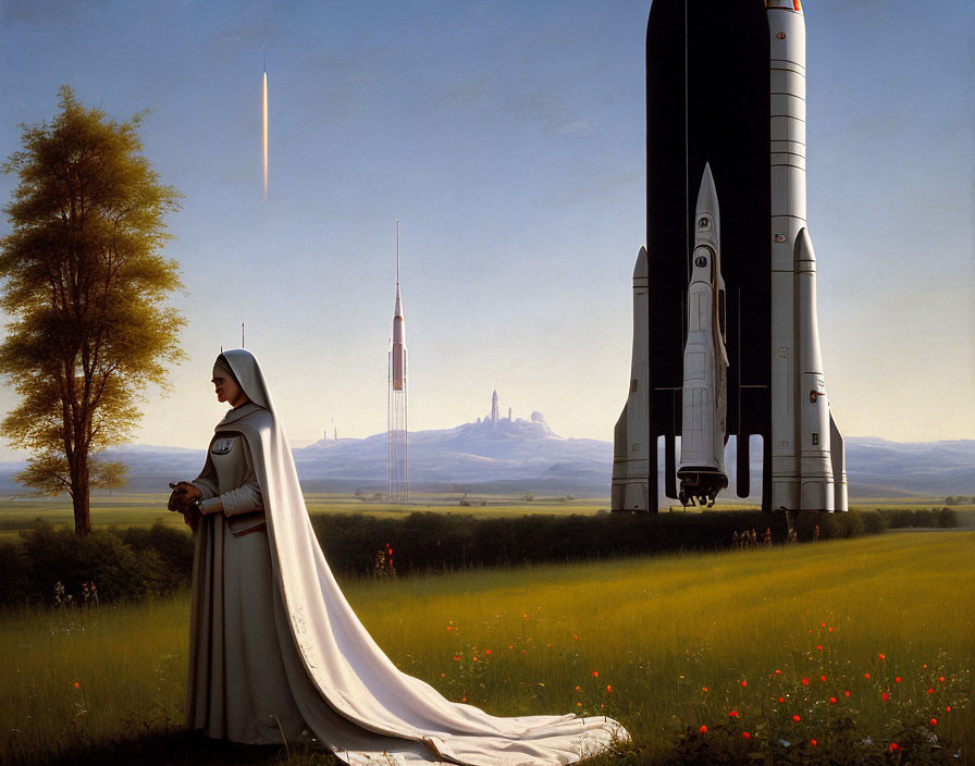 Nun in field gazes at shuttle and rockets in pastoral setting