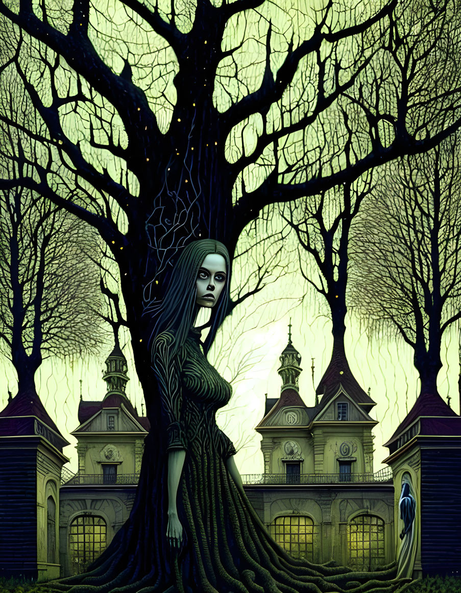 Spooky artwork: Woman merging with tree near haunted mansion