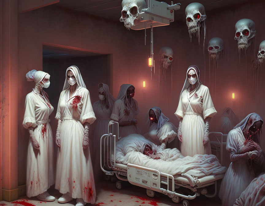 Eerie hospital room with figures in white robes and skulls floating.