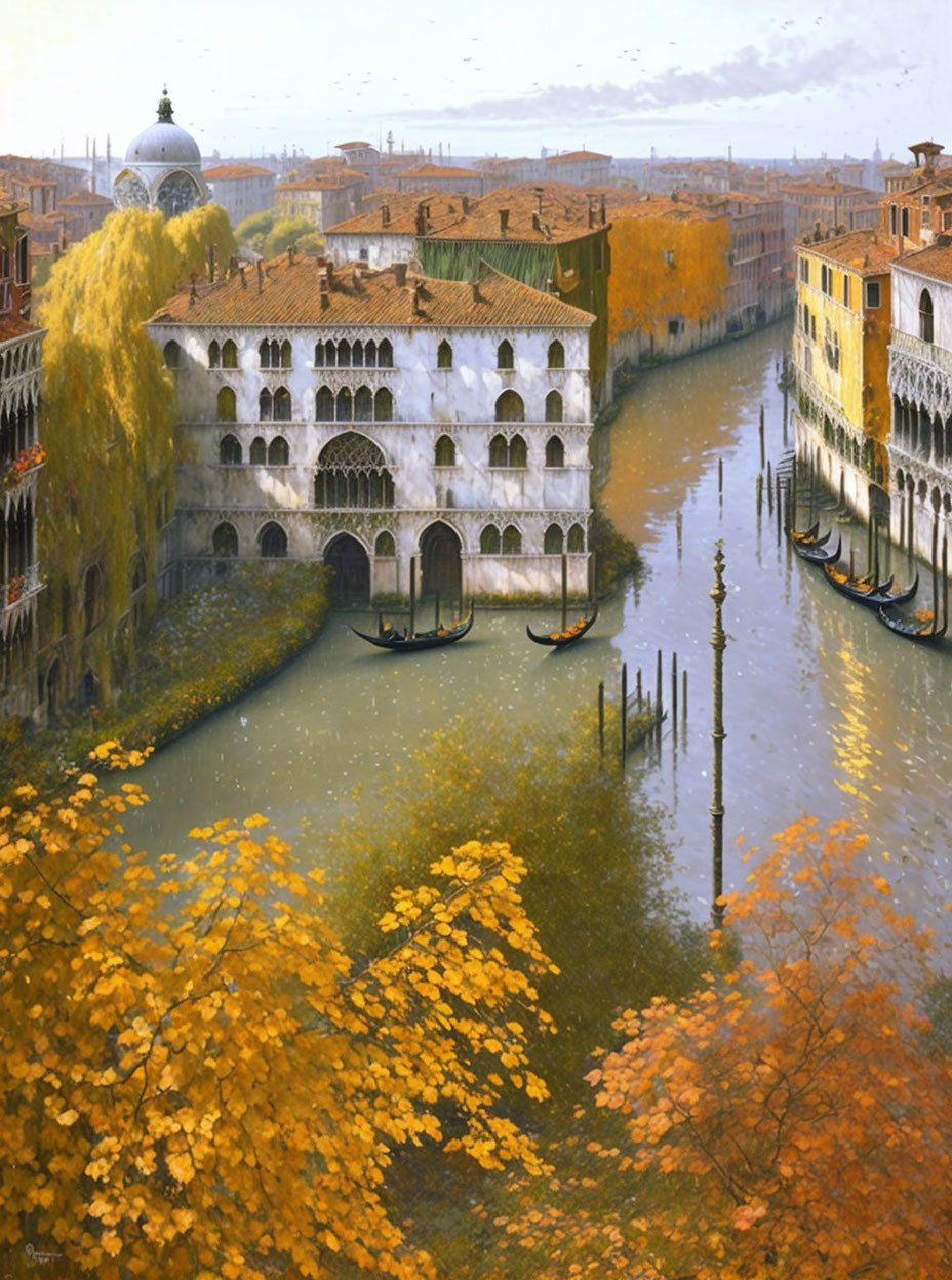 Venice Autumn Landscape: Golden Foliage, Gondolas, Historic Buildings