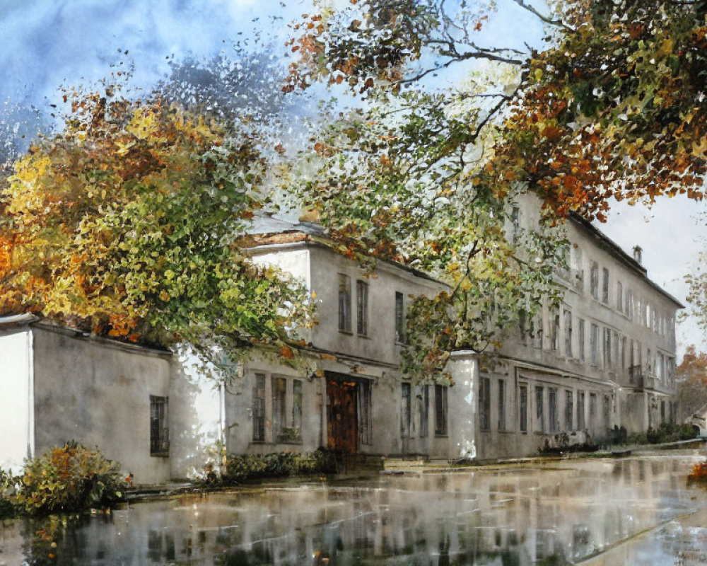 Impressionistic painting of old building and autumn trees on wet street
