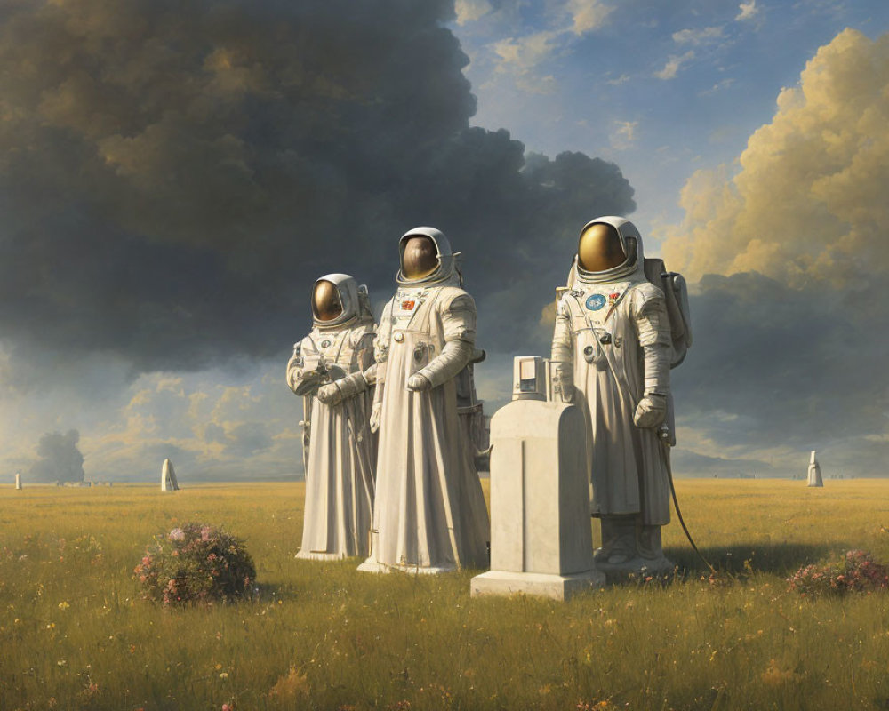 Three astronauts in spacesuits by a pedestal under dramatic sky