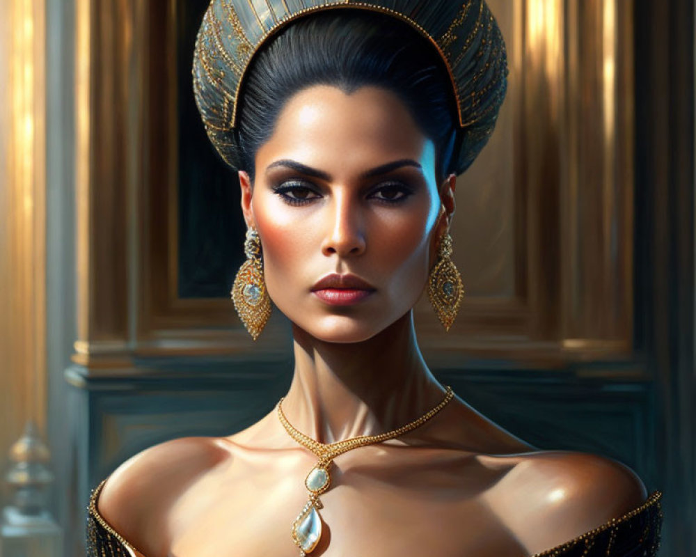 Regal woman with golden accessories in luxurious setting