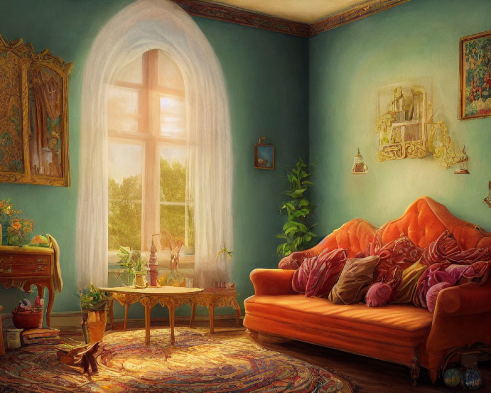 Sunlit vintage room with orange sofa, wooden furniture, tapestries, plants, and arched