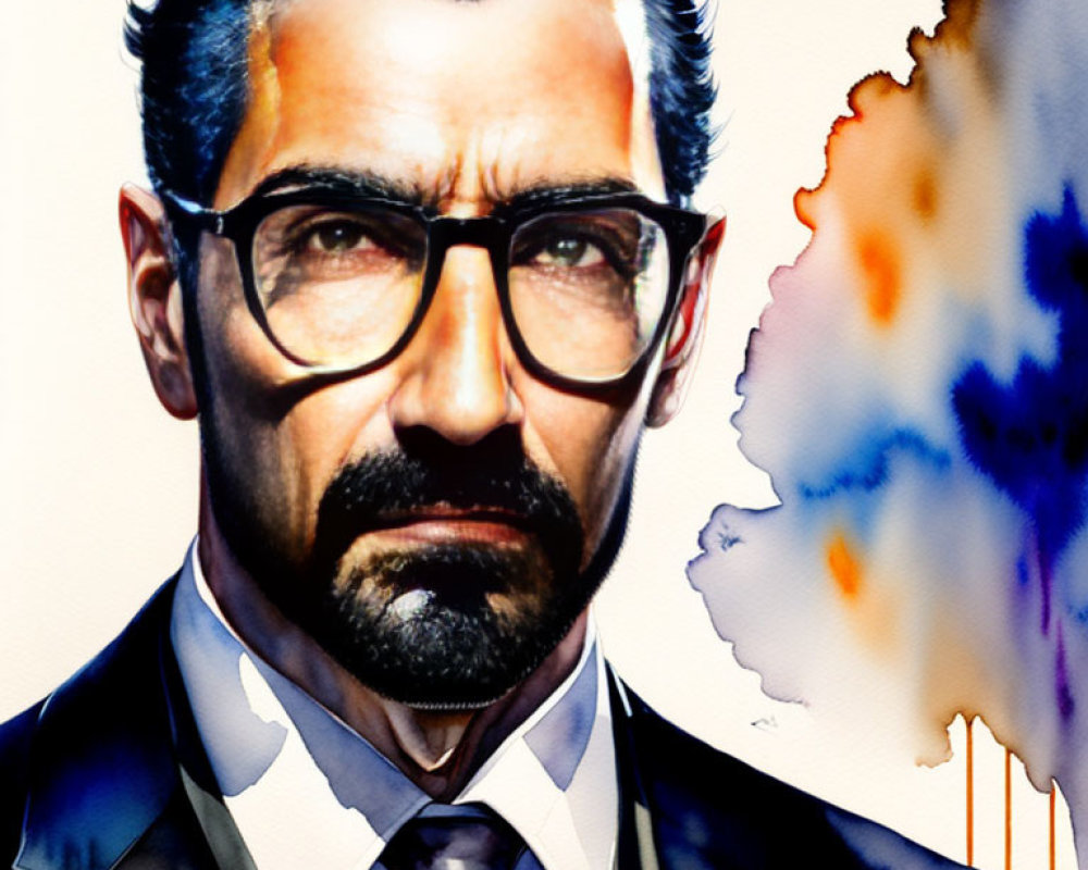 Man with Dark Hair, Beard, Glasses, Suit, and Colorful Abstract Paint