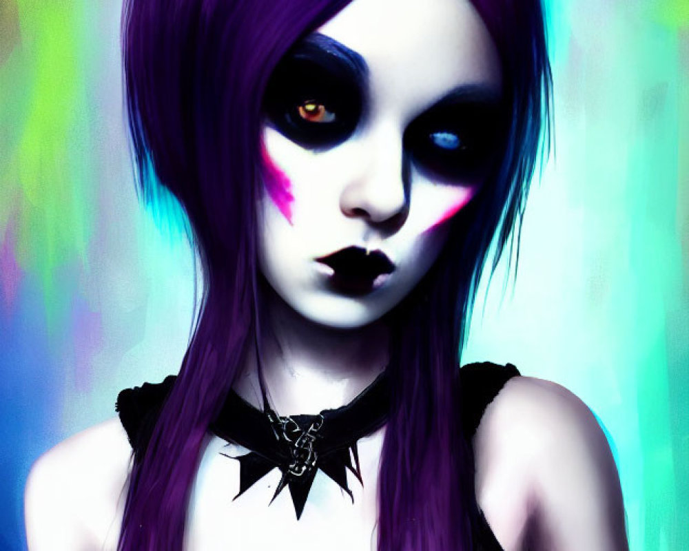 Portrait of a person with purple hair and gothic style against colorful backdrop