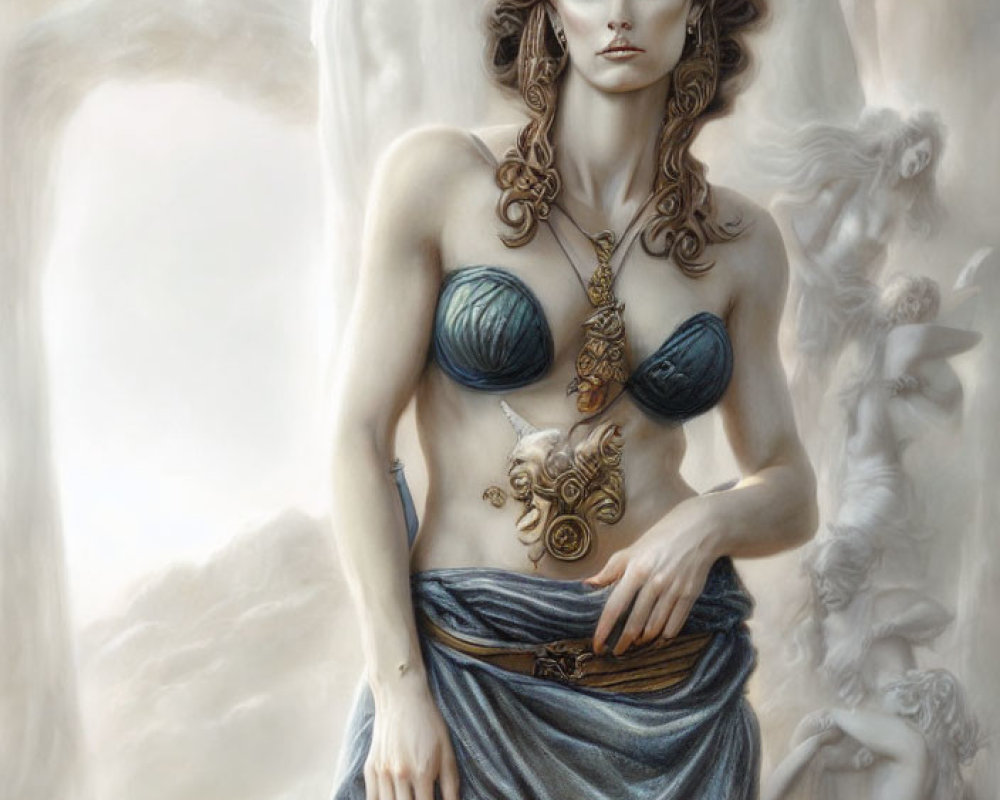 Detailed Fantasy Illustration: Female Figure in Ornate Jewelry and Draped Skirt in Ethereal Setting