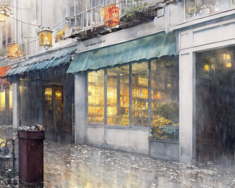 Rainy Street Scene with Wet Pavement and Cozy Shop Windows