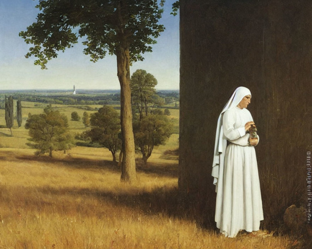Nun in white holding glass container near lush valley and distant tower.