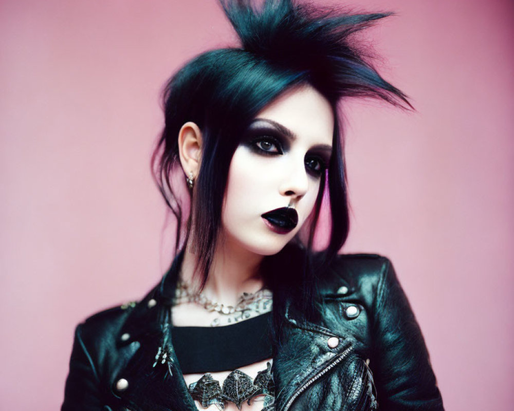 Punk-inspired person with spiky hair, dark makeup, leather jacket, and choker necklace
