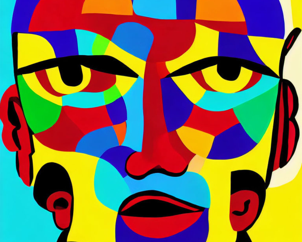 Vibrant Cubist-style abstract face painting with bold geometric shapes