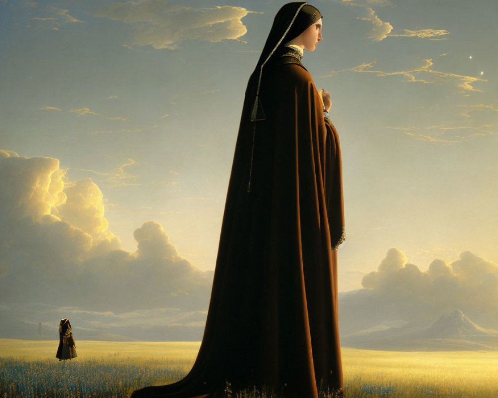 Woman in Black Cloak Under Vast Sky with Mountain Backdrop
